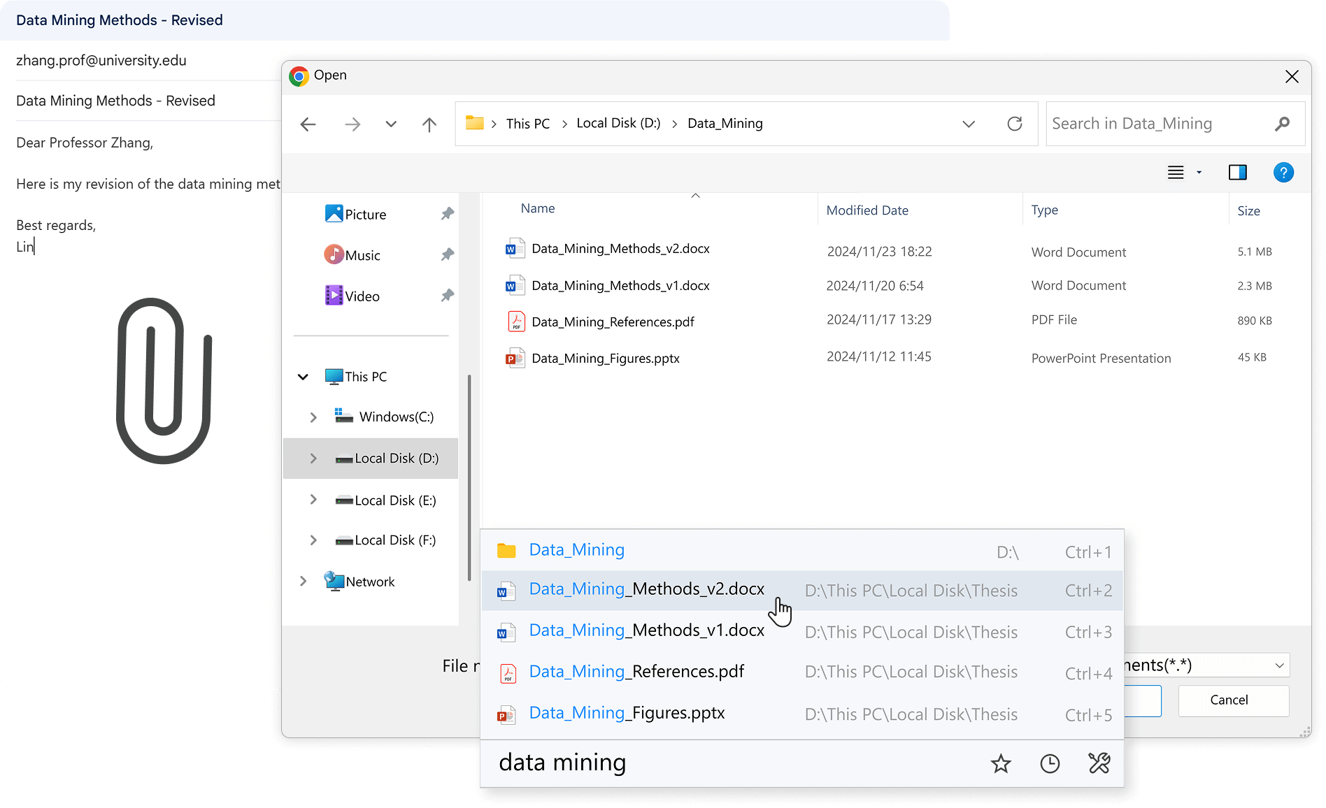 A screenshot illustrating a feature for quickly saving and opening files. The image highlights an email draft about "Data Mining Methods - Revised," with a file attachment process in progress. The "Open" dialog box from Windows File Explorer is shown, displaying a folder named "Data_Mining" with multiple files, including Word documents, a PDF, and a PowerPoint file. A search feature is demonstrated, with the keyword "data mining" instantly bringing up relevant file suggestions for quick selection. The top of the image includes the heading "Your Shortcut to Saving and Opening Papers" and the subheading "Attach Files Instantly," emphasizing the feature's convenience. The background is light blue.