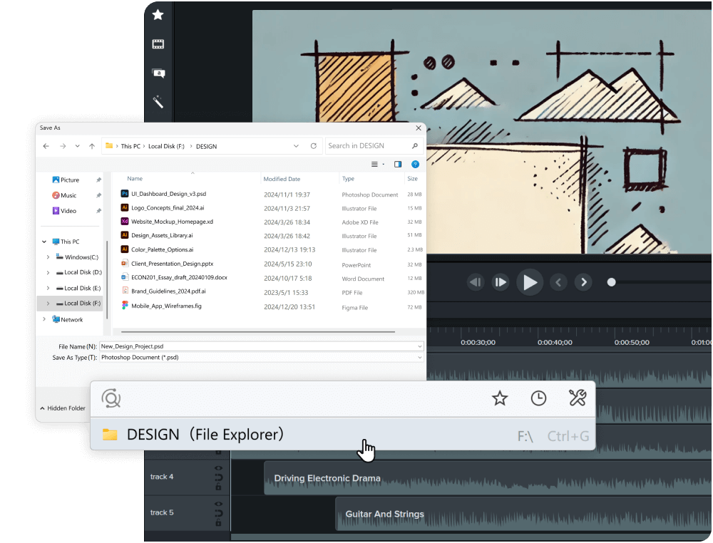 Easily import files. Access folders like "DESIGN" quickly for seamless workflow integration.