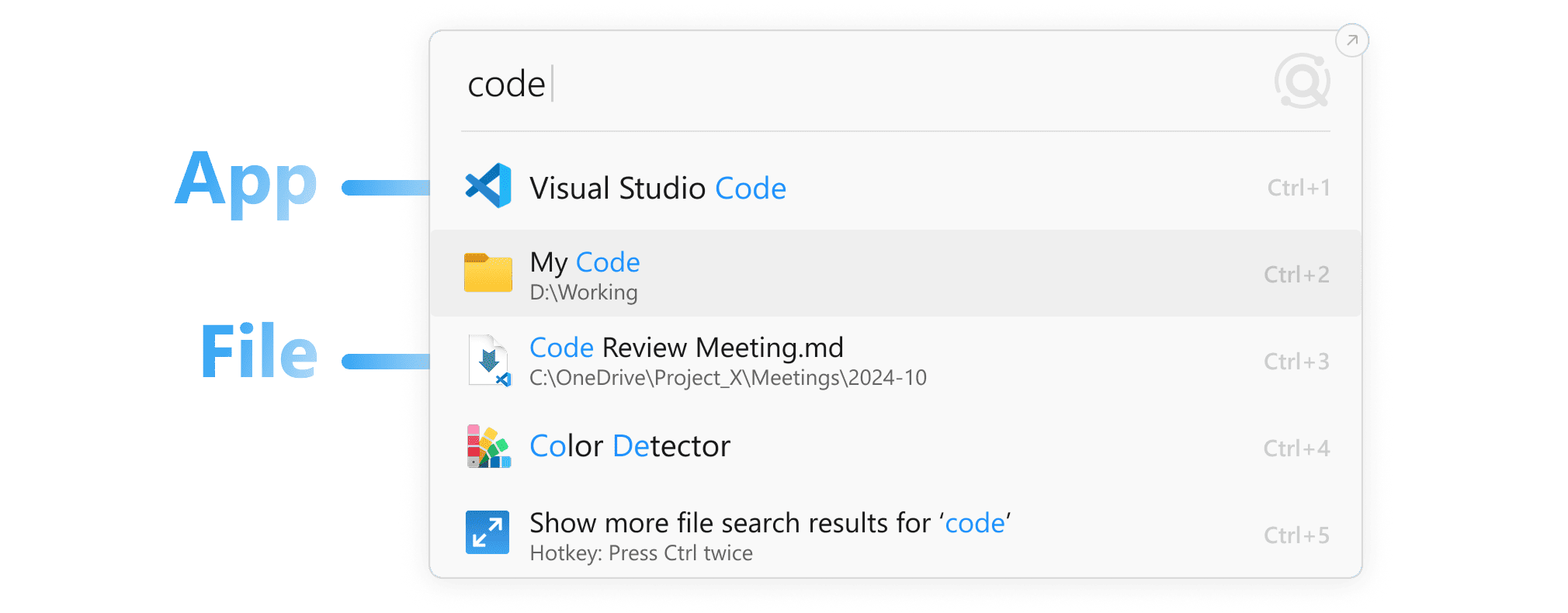 Quickly search "code" to find apps (e.g., **Visual Studio Code**) or files (e.g., **My Code**) with ease. Simple and efficient!