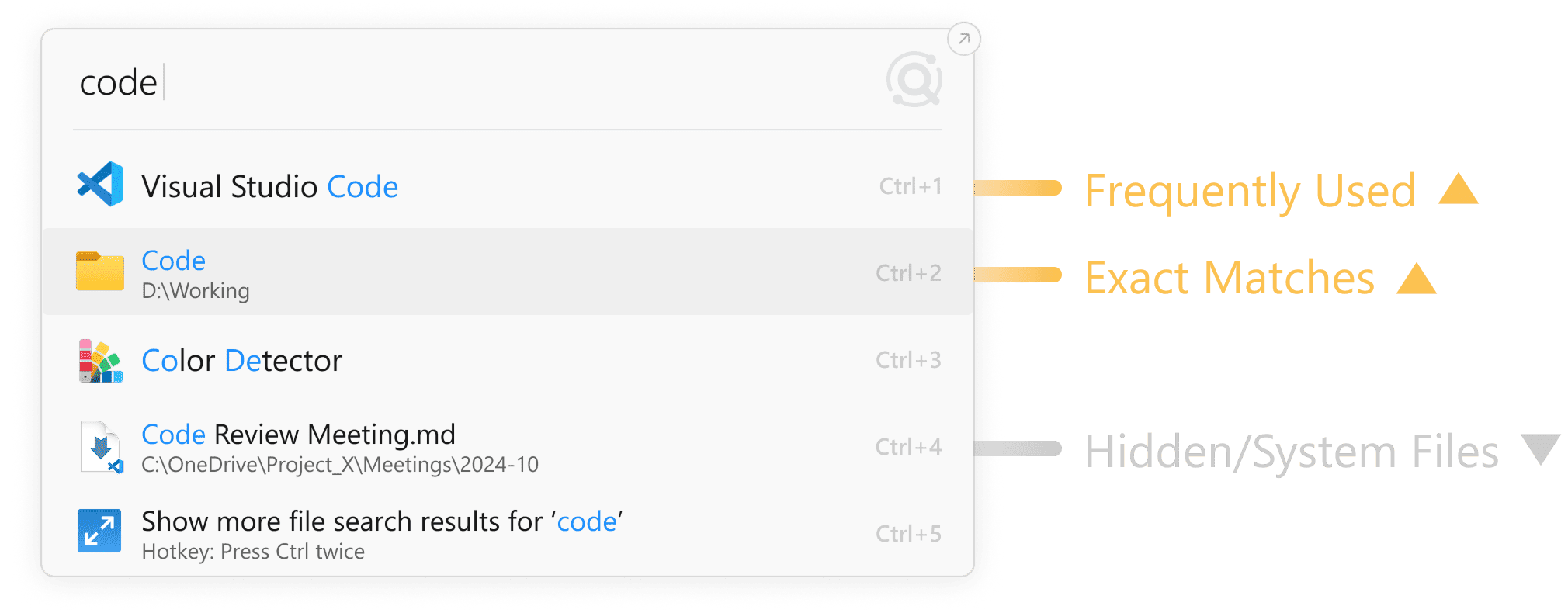 **Listary: Smart Search, Instant Results**
Listary simplifies file and app searches. Prioritize **frequently used** and **exact matches** while hiding irrelevant system files. Just type "code" to instantly find tools like **Visual Studio Code** or relevant documents. Smart, fast, and efficient!