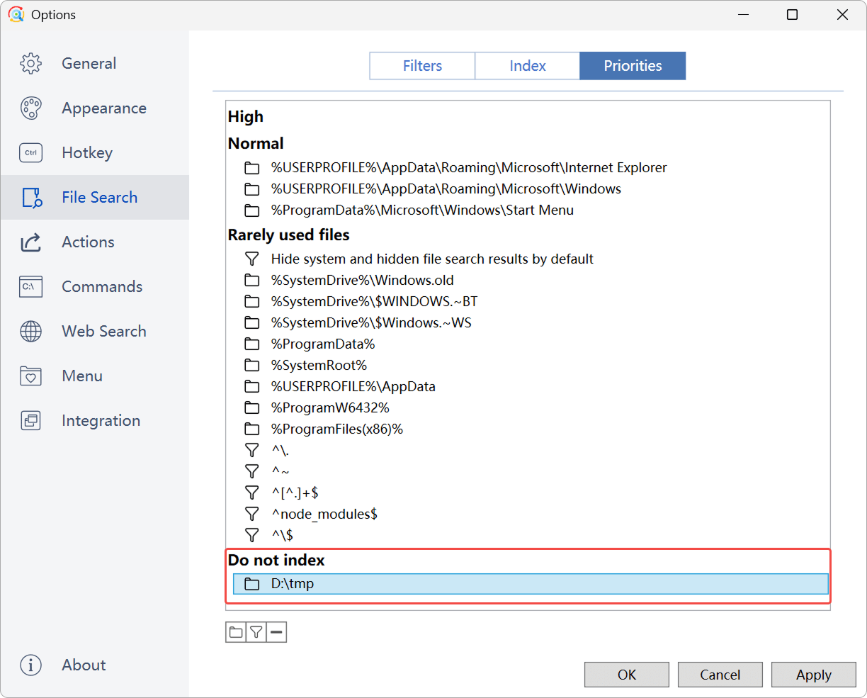 The Listary file search settings page displays file priorities, custom indexing rules, and the function of excluding specific folders, helping users to optimize work efficiency.