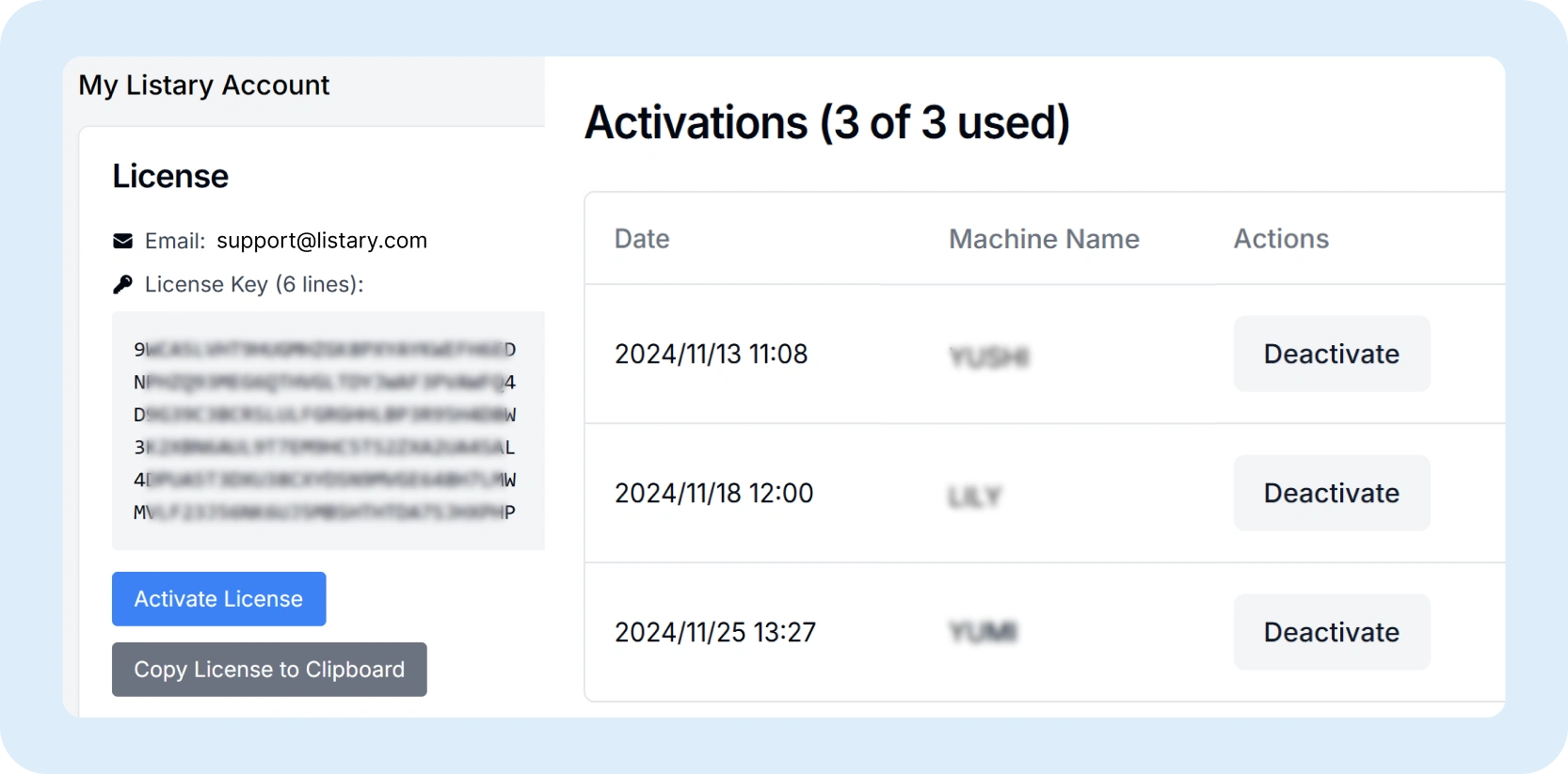 Listary account management interface, displaying license information and device activation history.
