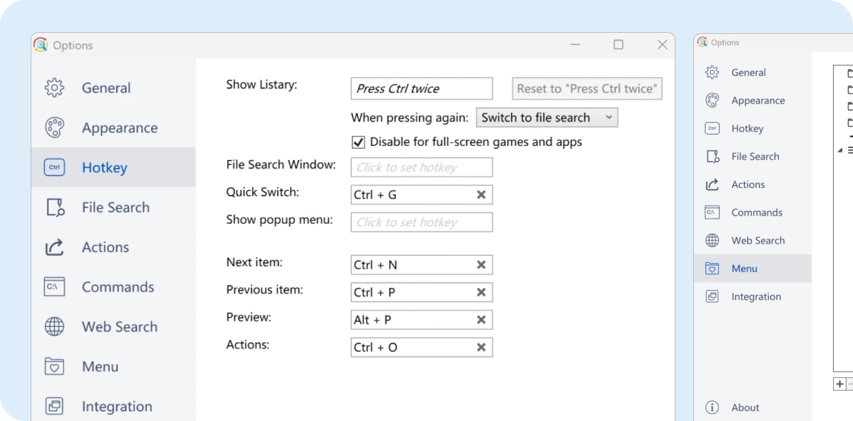 Listary advanced guide page to help users customize through general settings, commands and shortcuts to improve daily work efficiency.