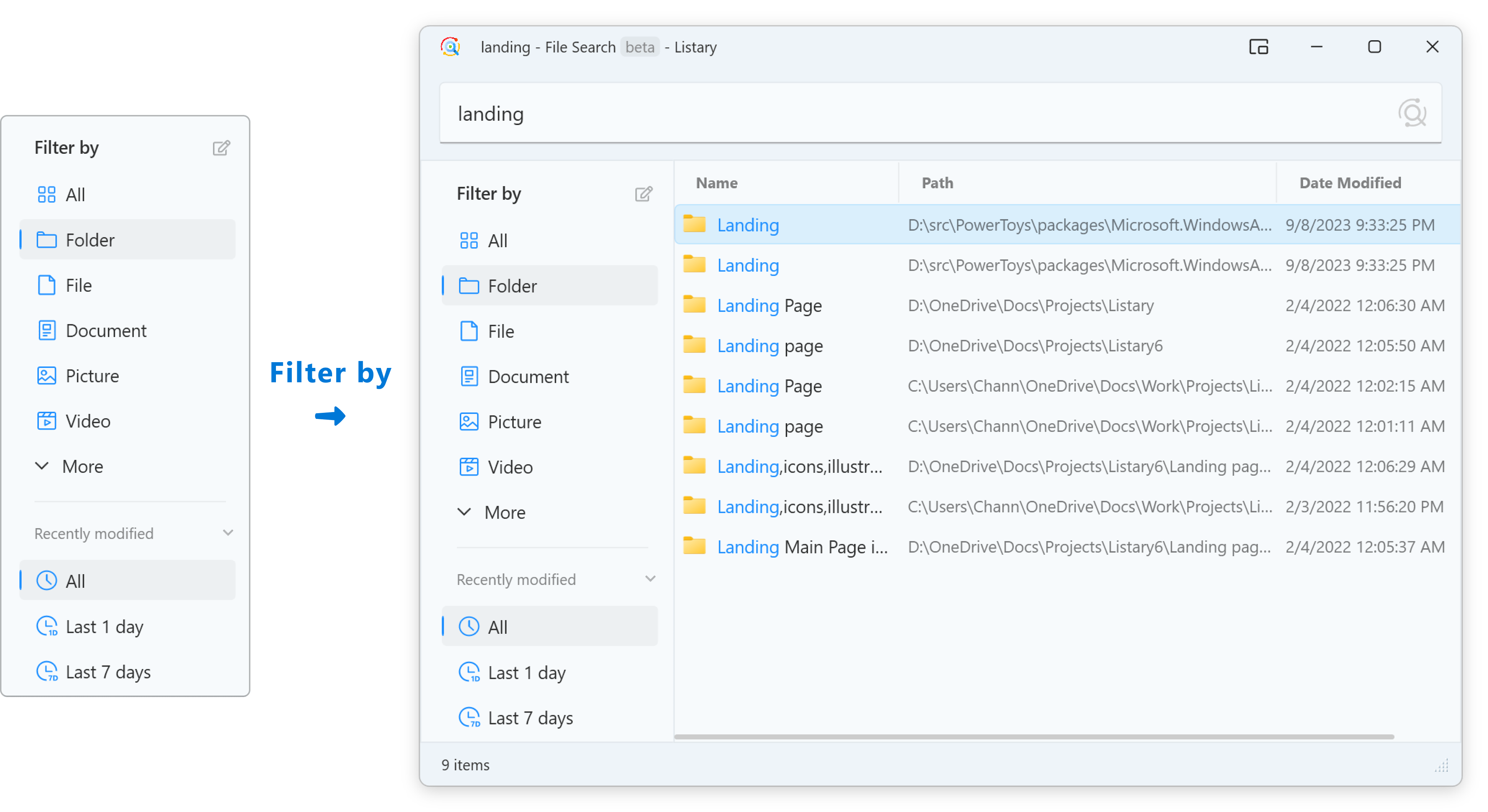 Filter search results in Listary file search window
